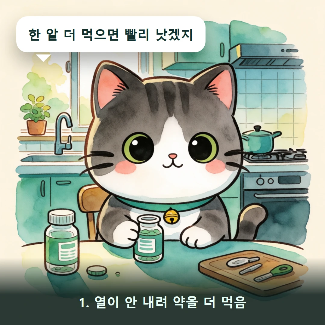 웹툰 1컷 — 1. 열이 안 내려 약을 더 먹음 (한 알 더 먹으면 빨리 낫겠지)