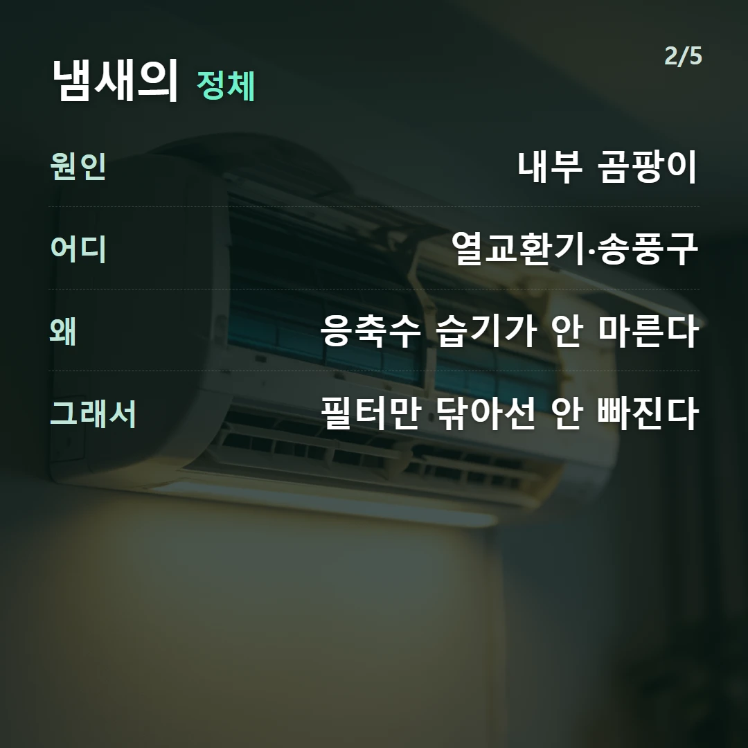 냄새의 정체 — 원인 내부 곰팡이, 어디 열교환기·송풍구, 왜 응축수 습기가 안 마른다, 그래서 필터만 닦아선 안 빠진다