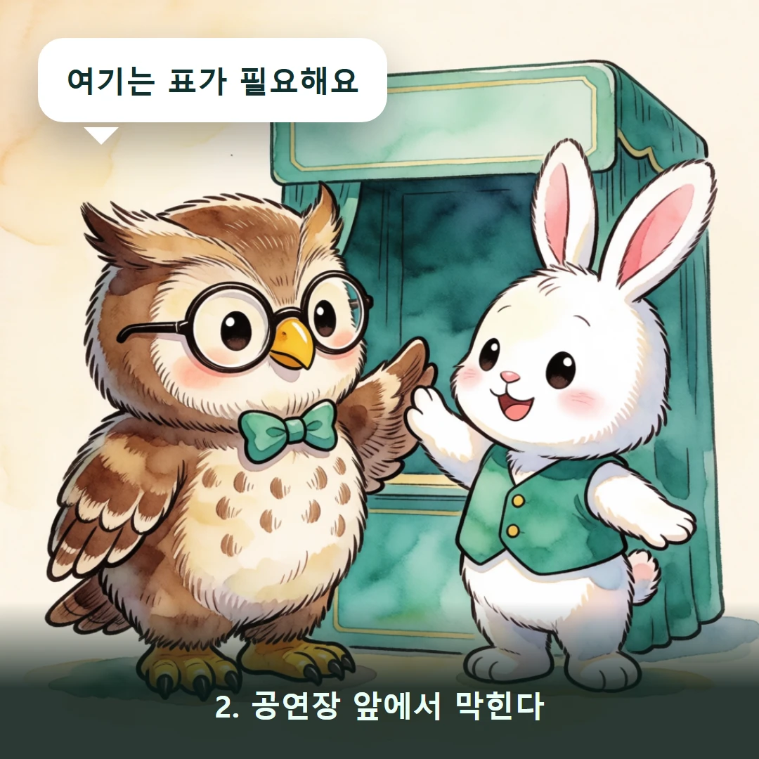 웹툰 2컷 — 2. 공연장 앞에서 막힌다 (여기는 표가 필요해요)