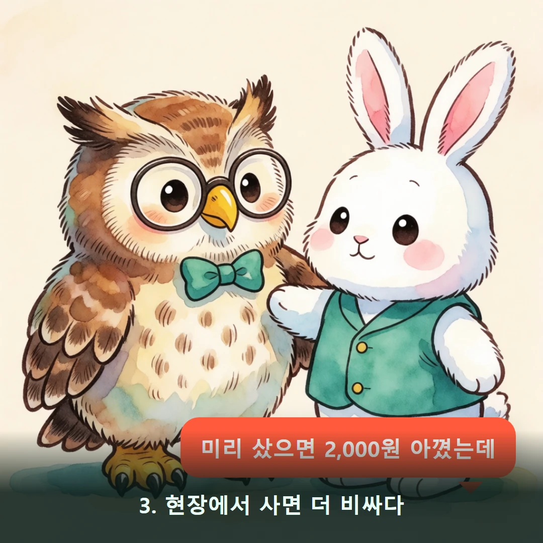 웹툰 3컷 — 3. 현장에서 사면 더 비싸다 (미리 샀으면 2,000원 아꼈는데)