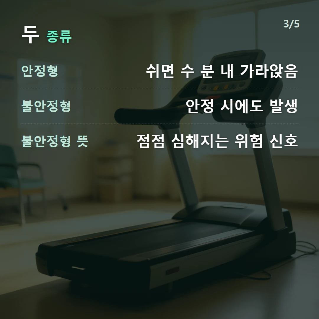 두 종류 — 안정형 쉬면 수 분 내 가라앉음, 불안정형 안정 시에도 발생, 불안정형 뜻 점점 심해지는 위험 신호