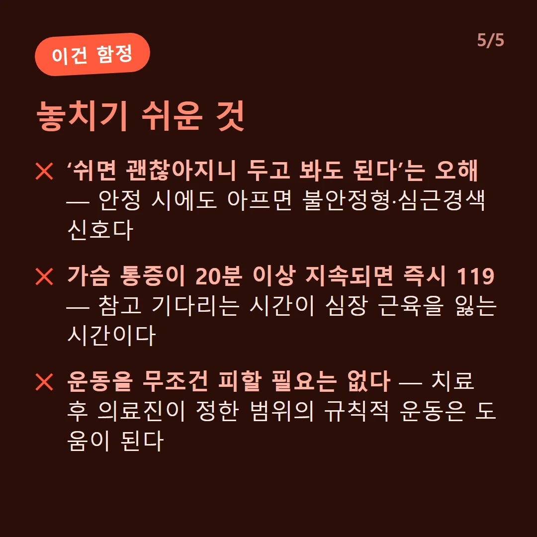 놓치기 쉬운 것 — ‘쉬면 괜찮아지니 두고 봐도 된다’는 오해 — 안정 시에도 아프면 불안정형·심근경색 신호다 / 가슴 통증이 20분 이상 지속되면 즉시 119 — 참고 기다리는 시간이 심장 근육을 잃는 시간이다 / 운동을 무조건 피할 필요는 없다 — 치료 후 의료진이 정한 범위의 규칙적 운동은 도움이 된다