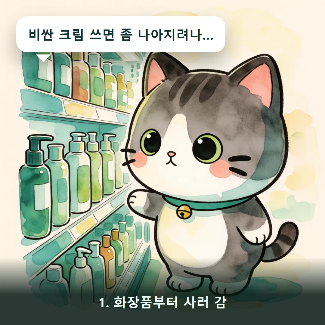 웹툰 1컷 — 1. 화장품부터 사러 감 (비싼 크림 쓰면 좀 나아지려나…)