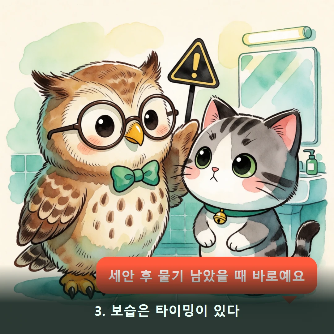 웹툰 3컷 — 3. 보습은 타이밍이 있다 (세안 후 물기 남았을 때 바로예요)