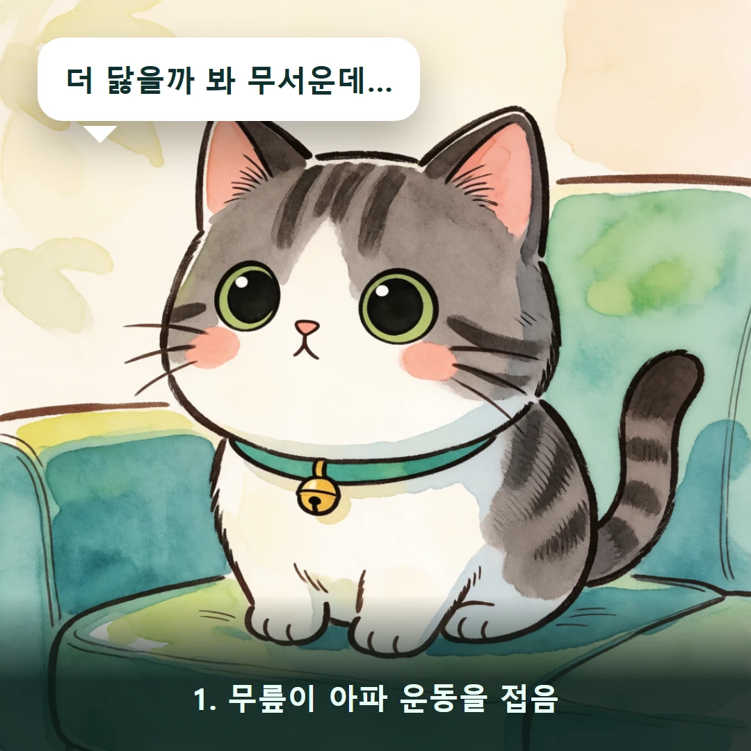 웹툰 1컷 — 1. 무릎이 아파 운동을 접음 (더 닳을까 봐 무서운데…)