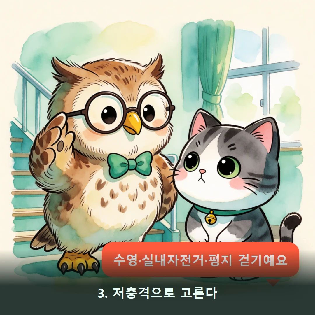 웹툰 3컷 — 3. 저충격으로 고른다 (수영·실내자전거·평지 걷기예요)