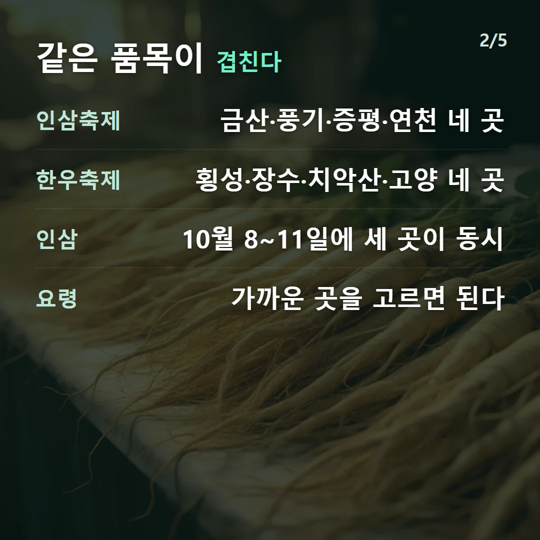같은 품목이 겹친다 — 인삼축제 금산·풍기·증평·연천 네 곳, 한우축제 횡성·장수·치악산·고양 네 곳, 인삼 10월 8~11일에 세 곳이 동시, 요령 가까운 곳을 고르면 된다