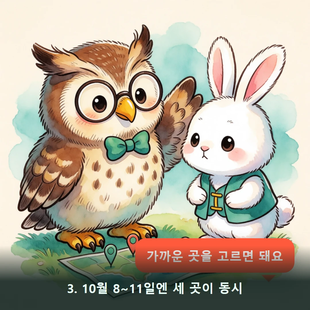 웹툰 3컷 — 3. 10월 8~11일엔 세 곳이 동시 (가까운 곳을 고르면 돼요)