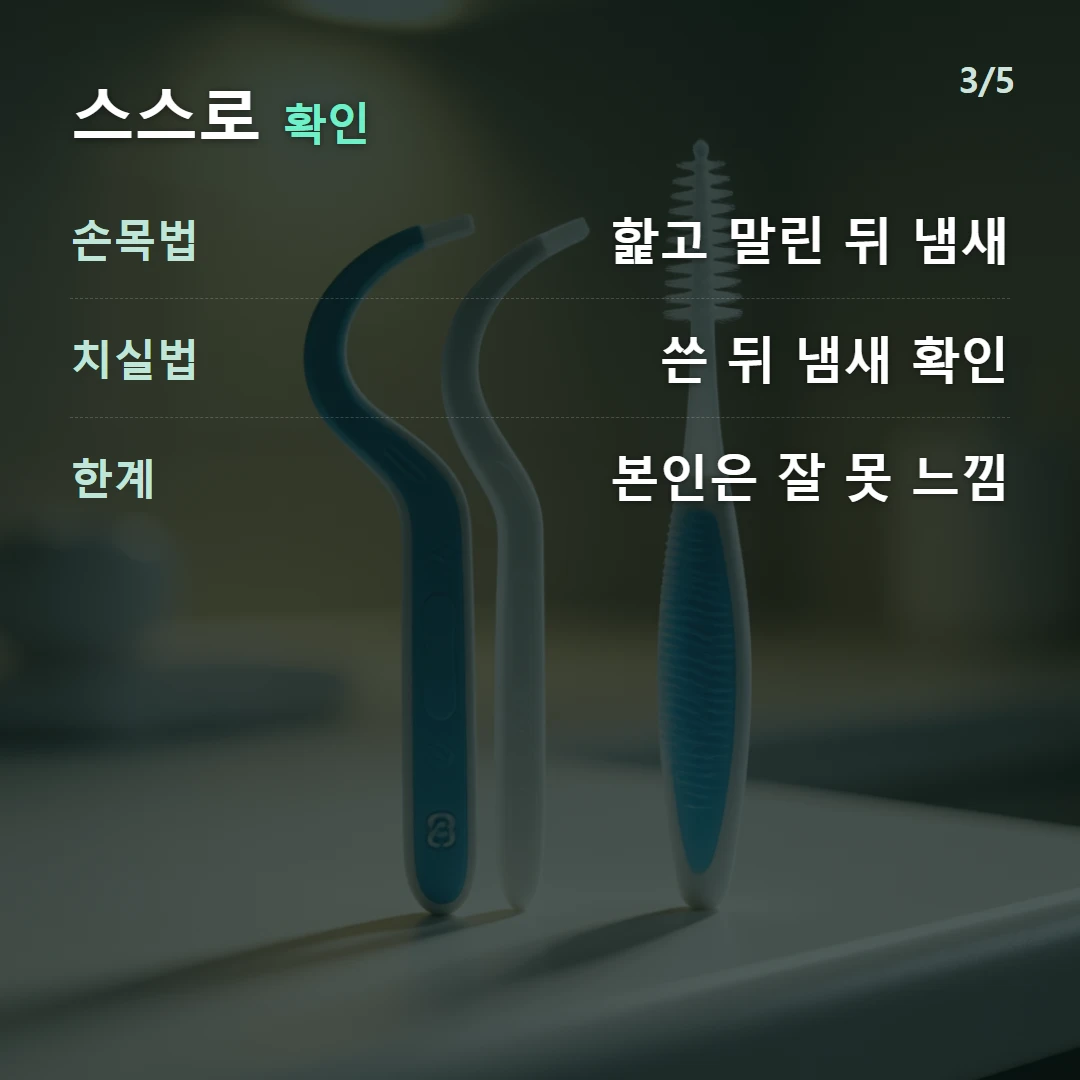 스스로 확인 — 손목법 핥고 말린 뒤 냄새, 치실법 쓴 뒤 냄새 확인, 한계 본인은 잘 못 느낌