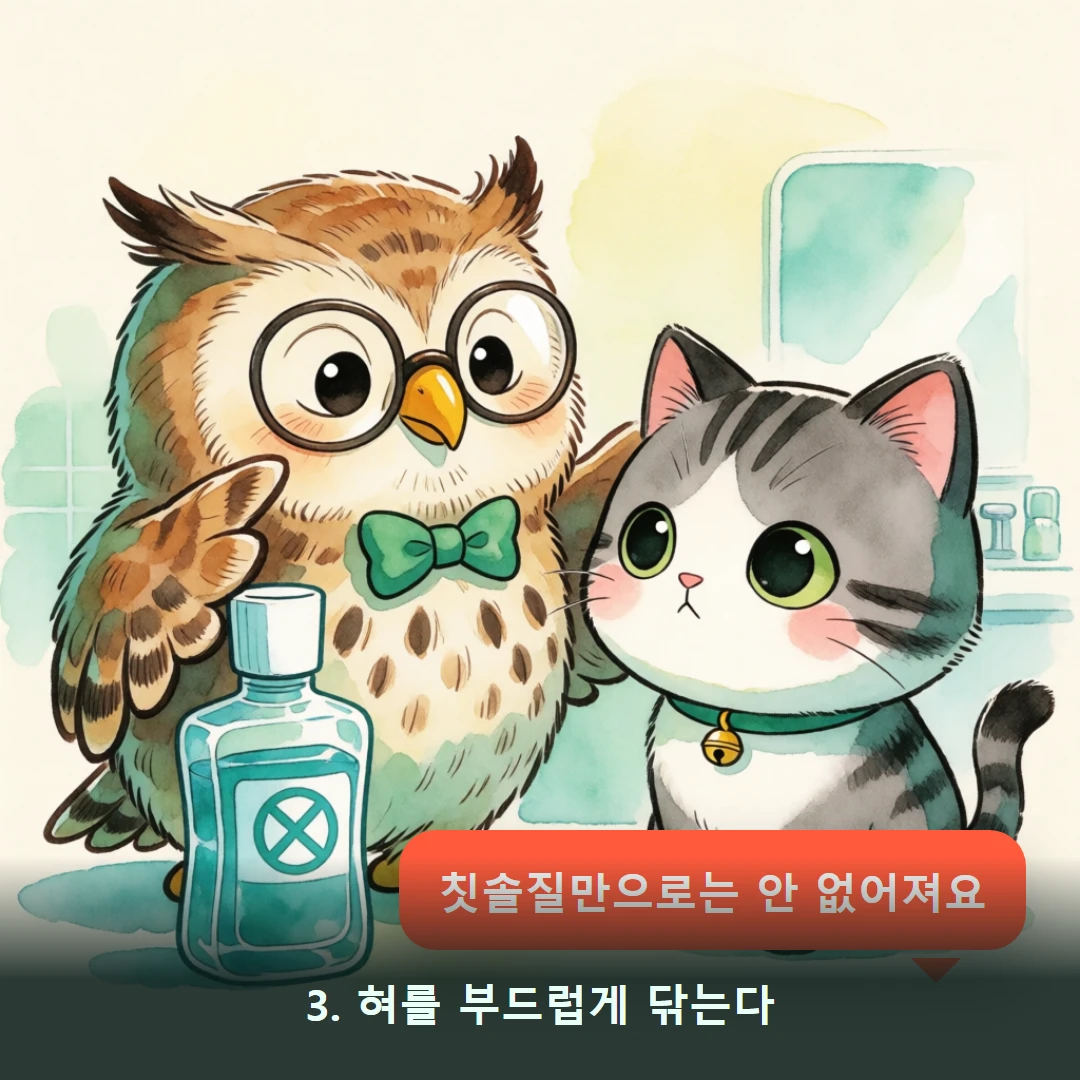 웹툰 3컷 — 3. 혀를 부드럽게 닦는다 (칫솔질만으로는 안 없어져요)