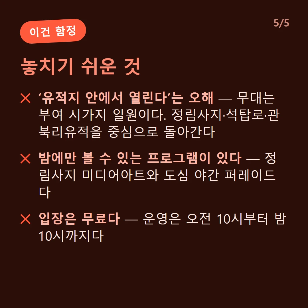 놓치기 쉬운 것 — ‘유적지 안에서 열린다’는 오해 — 무대는 부여 시가지 일원이다. 정림사지·석탑로·관북리유적을 중심으로 돌아간다 / 밤에만 볼 수 있는 프로그램이 있다 — 정림사지 미디어아트와 도심 야간 퍼레이드다 / 입장은 무료다 — 운영은 오전 10시부터 밤 10시까지다