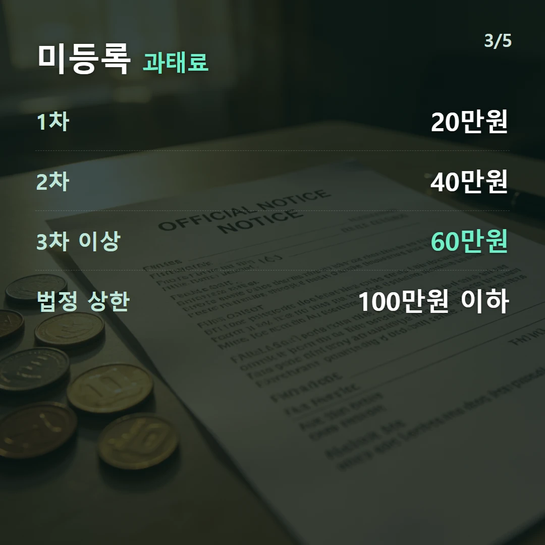 미등록 과태료 — 1차 20만원, 2차 40만원, 3차 이상 60만원, 법정 상한 100만원 이하