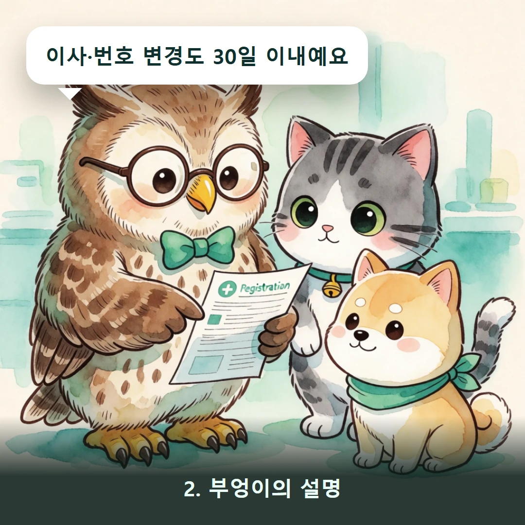 웹툰 2컷 — 2. 부엉이의 설명 (이사·번호 변경도 30일 이내예요)