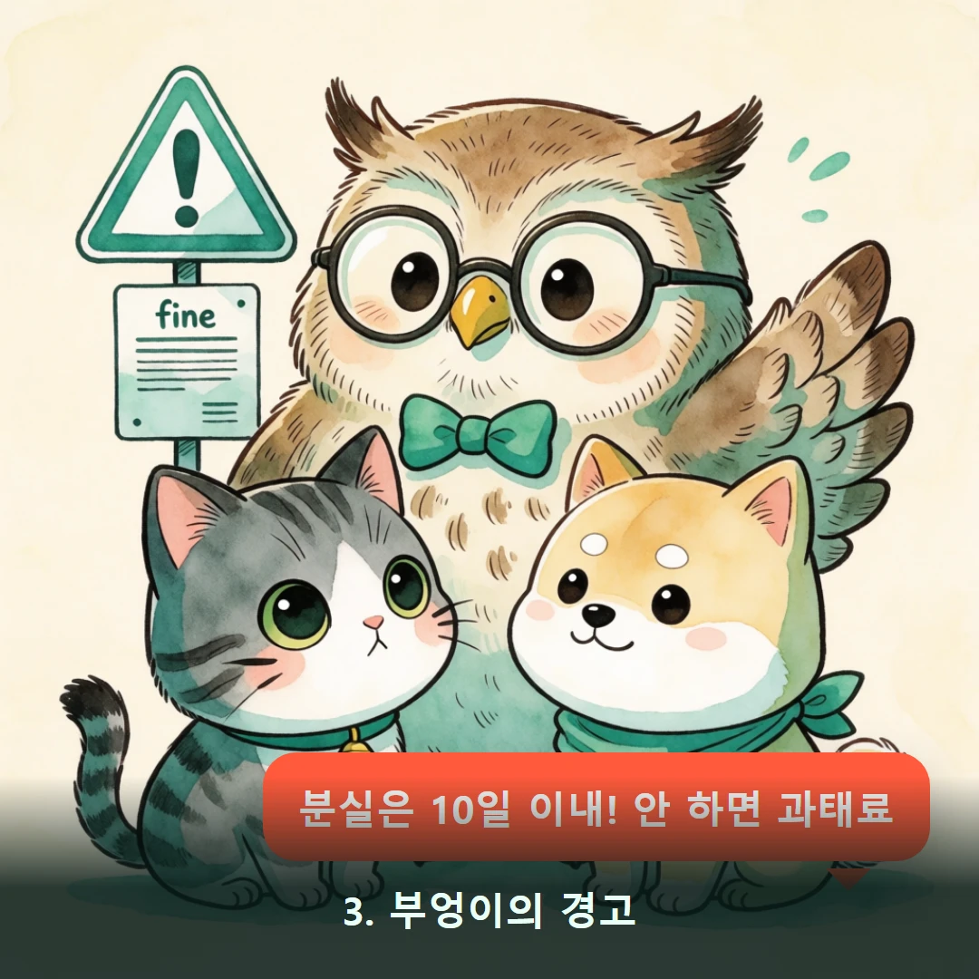웹툰 3컷 — 3. 부엉이의 경고 (분실은 10일 이내! 안 하면 과태료)