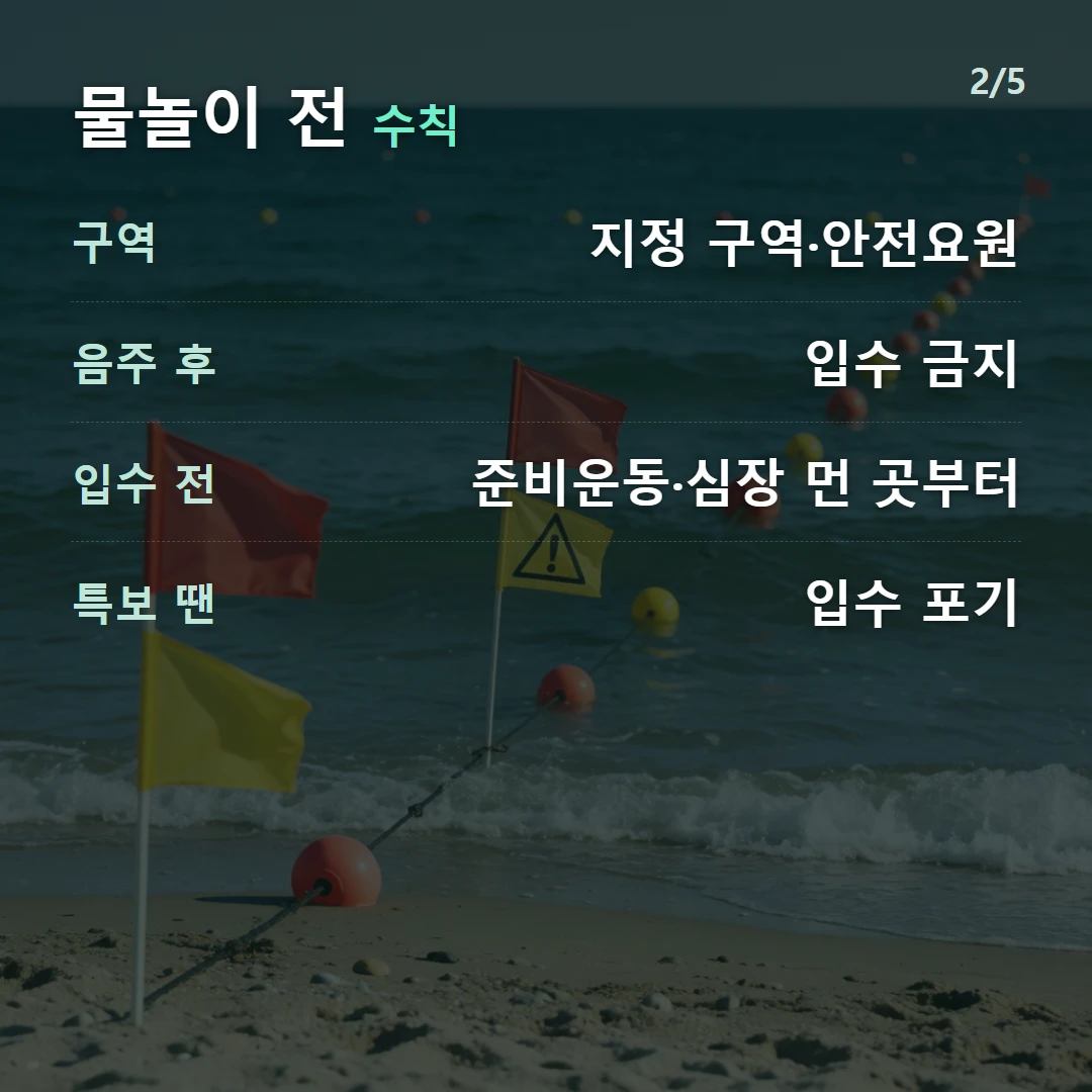 물놀이 전 수칙 — 구역 지정 구역·안전요원, 음주 후 입수 금지, 입수 전 준비운동·심장 먼 곳부터, 특보 땐 입수 포기