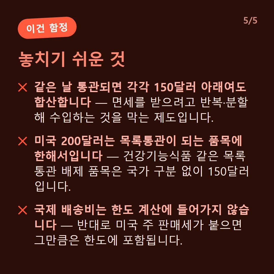 놓치기 쉬운 것 — 같은 날 통관되면 각각 150달러 아래여도 합산합니다 — 면세를 받으려고 반복·분할해 수입하는 것을 막는 제도입니다. / 미국 200달러는 목록통관이 되는 품목에 한해서입니다 — 건강기능식품 같은 목록통관 배제 품목은 국가 구분 없이 150달러입니다. / 국제 배송비는 한도 계산에 들어가지 않습니다 — 반대로 미국 주 판매세가 붙으면 그만큼은 한도에 포함됩니다.