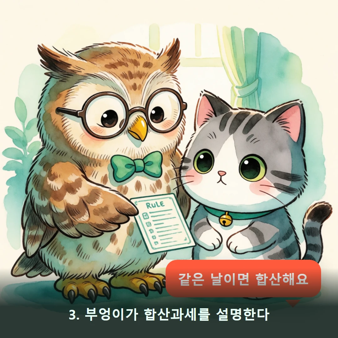 웹툰 3컷 — 3. 부엉이가 합산과세를 설명한다 (같은 날이면 합산해요)