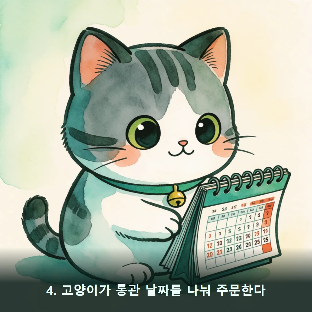 웹툰 4컷 — 4. 고양이가 통관 날짜를 나눠 주문한다