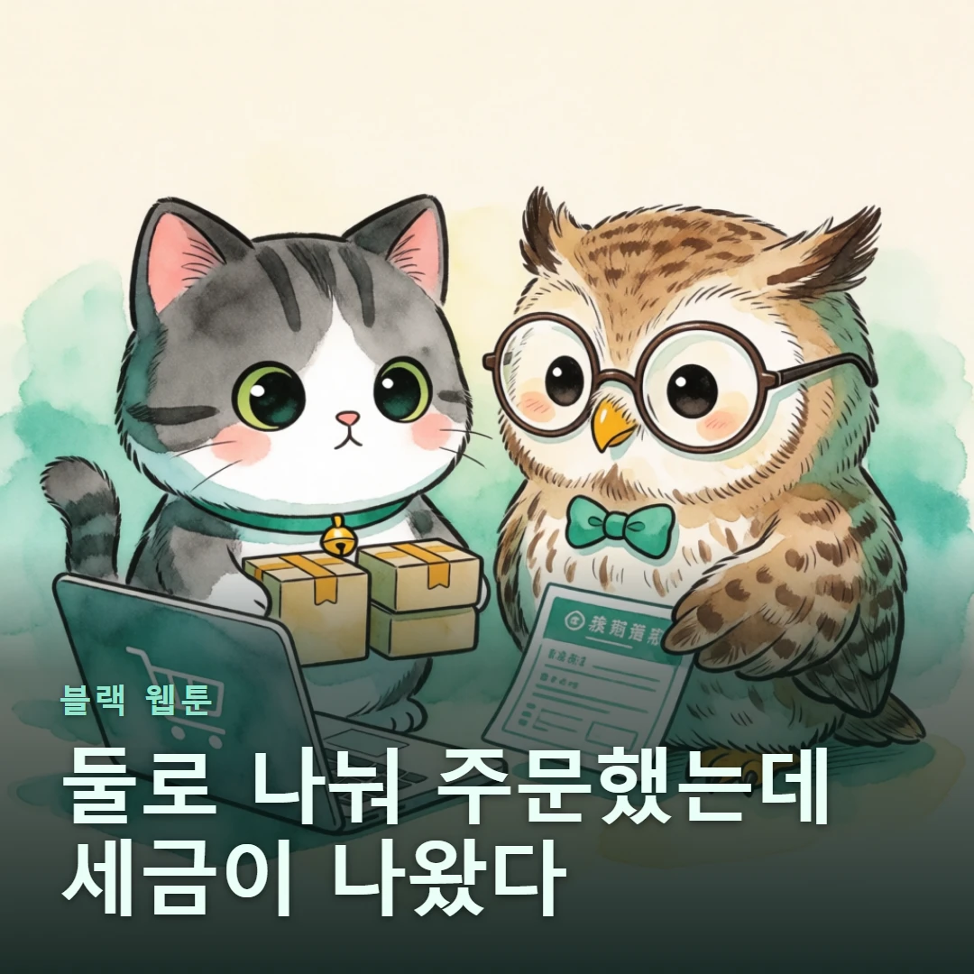 블랙 웹툰 표지 — 둘로 나눠 주문했는데 세금이 나왔다