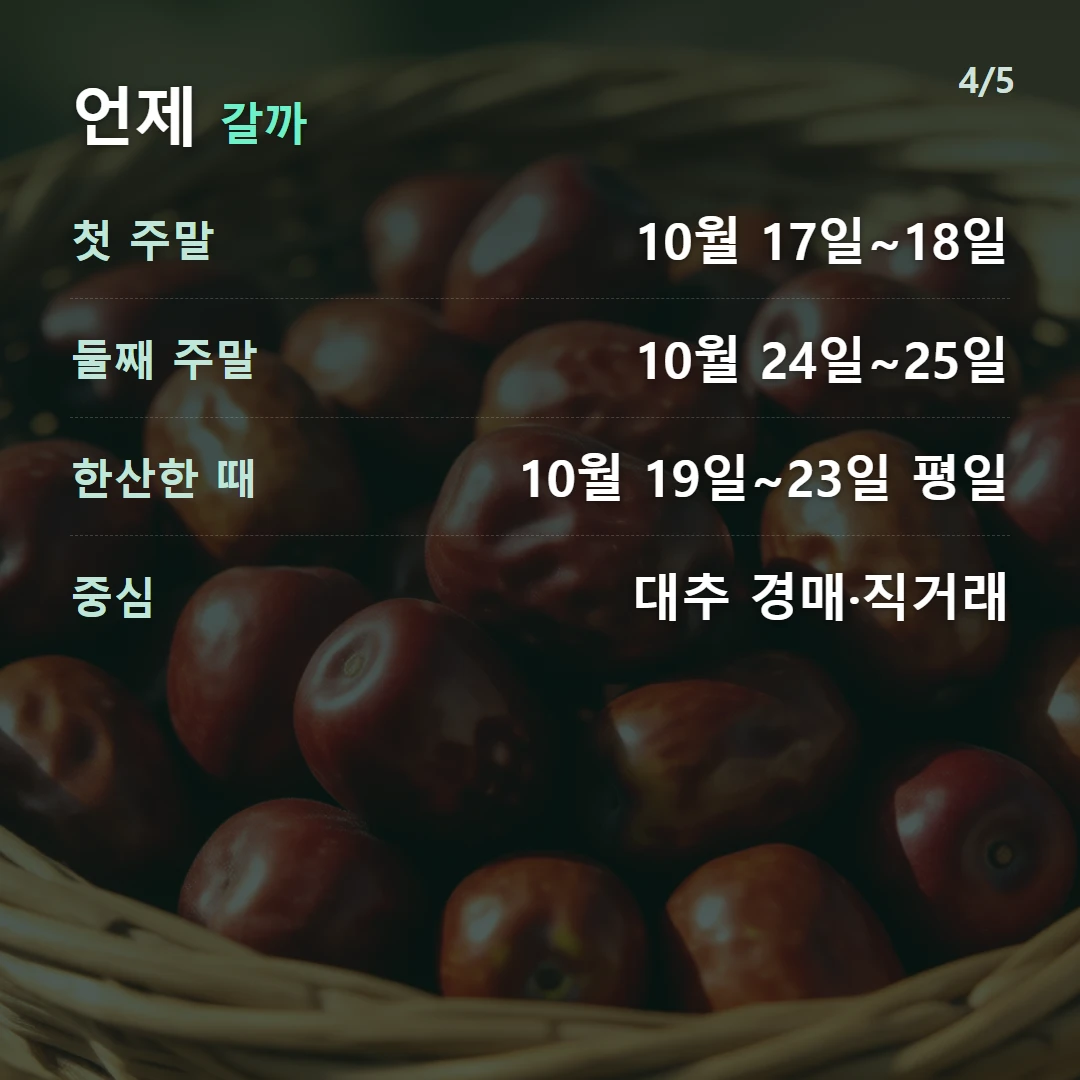 언제 갈까 — 첫 주말 10월 17일~18일, 둘째 주말 10월 24일~25일, 한산한 때 10월 19일~23일 평일, 중심 대추 경매·직거래