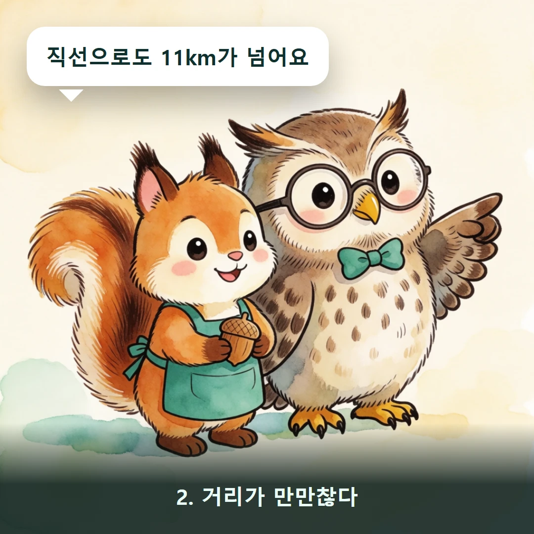 웹툰 2컷 — 2. 거리가 만만찮다 (직선으로도 11km가 넘어요)