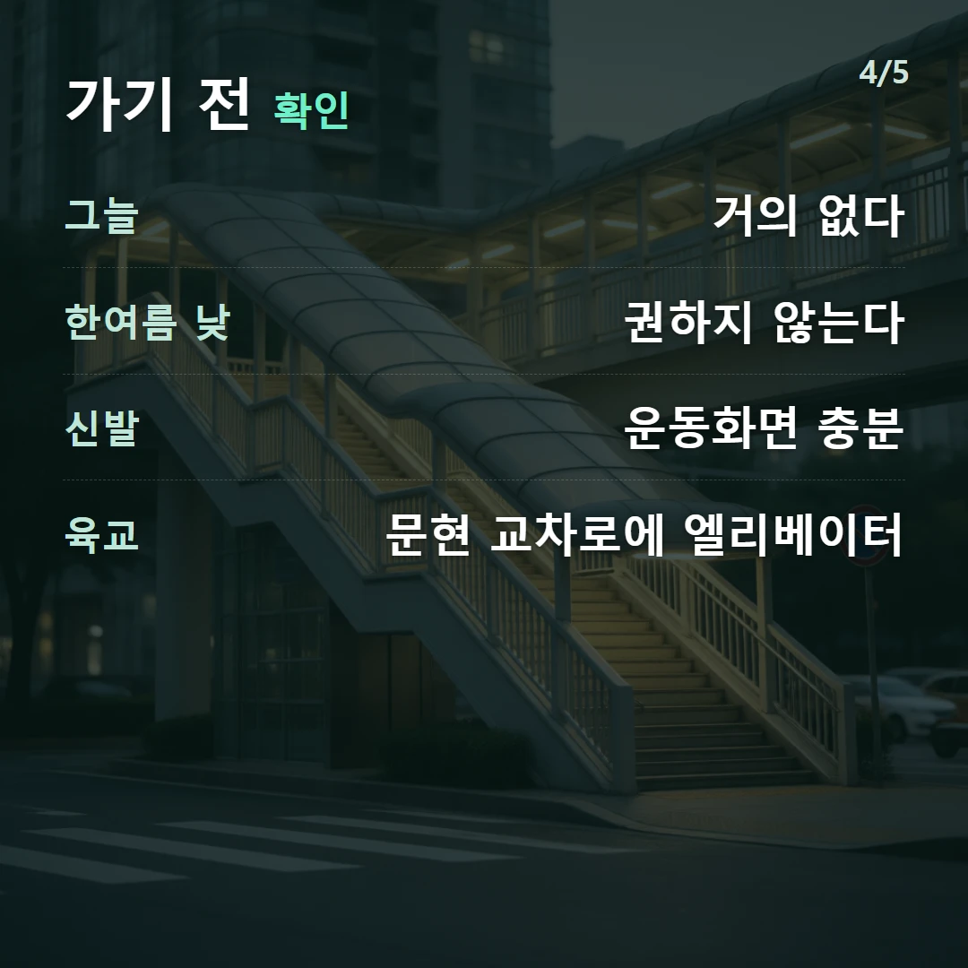 가기 전 확인 — 그늘 거의 없다, 한여름 낮 권하지 않는다, 신발 운동화면 충분, 육교 문현 교차로에 엘리베이터