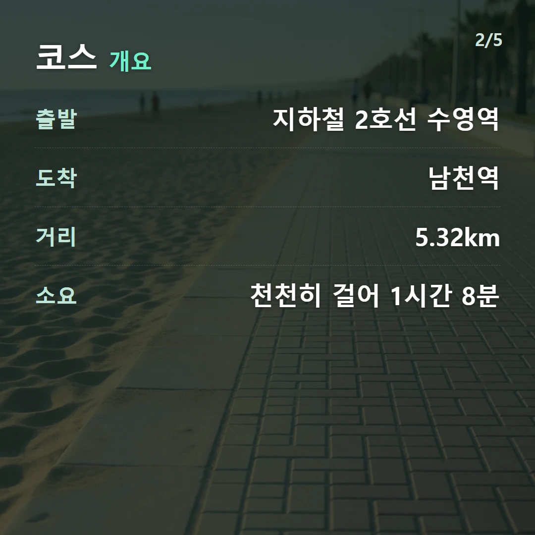 코스 개요 — 출발 지하철 2호선 수영역, 도착 남천역, 거리 5.32km, 소요 천천히 걸어 1시간 8분