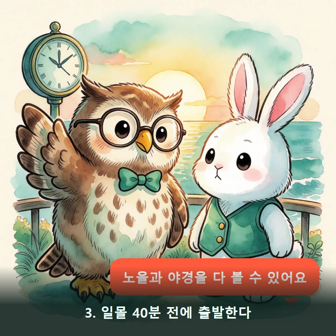 웹툰 3컷 — 3. 일몰 40분 전에 출발한다 (노을과 야경을 다 볼 수 있어요)