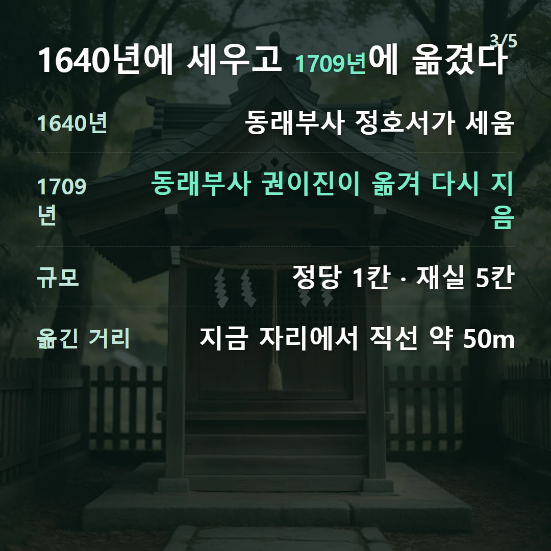 1640년에 세우고 1709년에 옮겼다 — 1640년 동래부사 정호서가 세움, 1709년 동래부사 권이진이 옮겨 다시 지음, 규모 정당 1칸 · 재실 5칸, 옮긴 거리 지금 자리에서 직선 약 50m