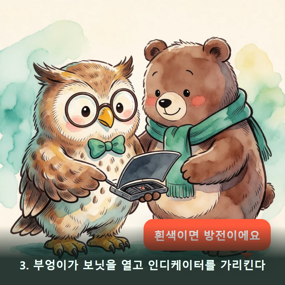 웹툰 3컷 — 3. 부엉이가 보닛을 열고 인디케이터를 가리킨다 (흰색이면 방전이에요)