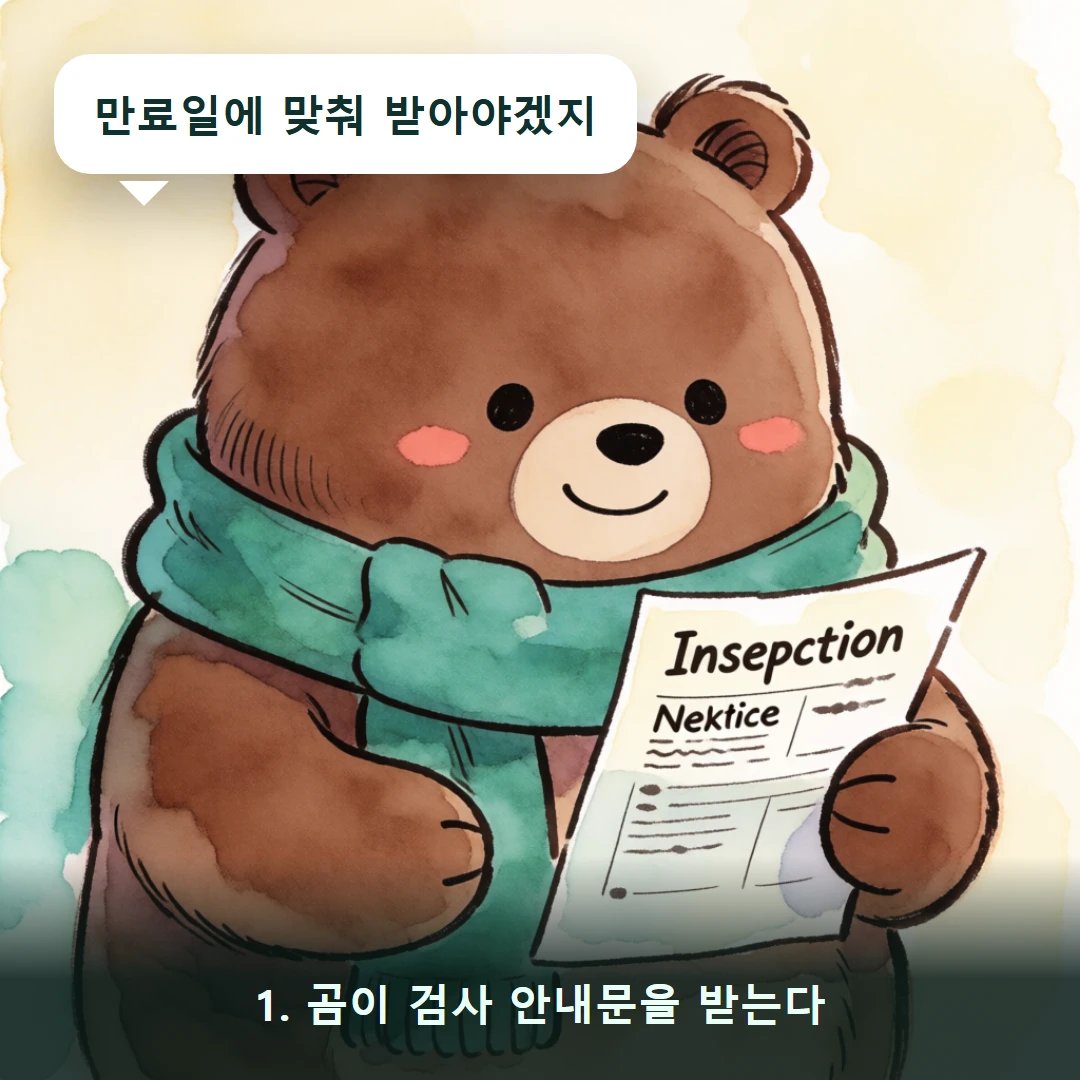 웹툰 1컷 — 1. 곰이 검사 안내문을 받는다 (만료일에 맞춰 받아야겠지)