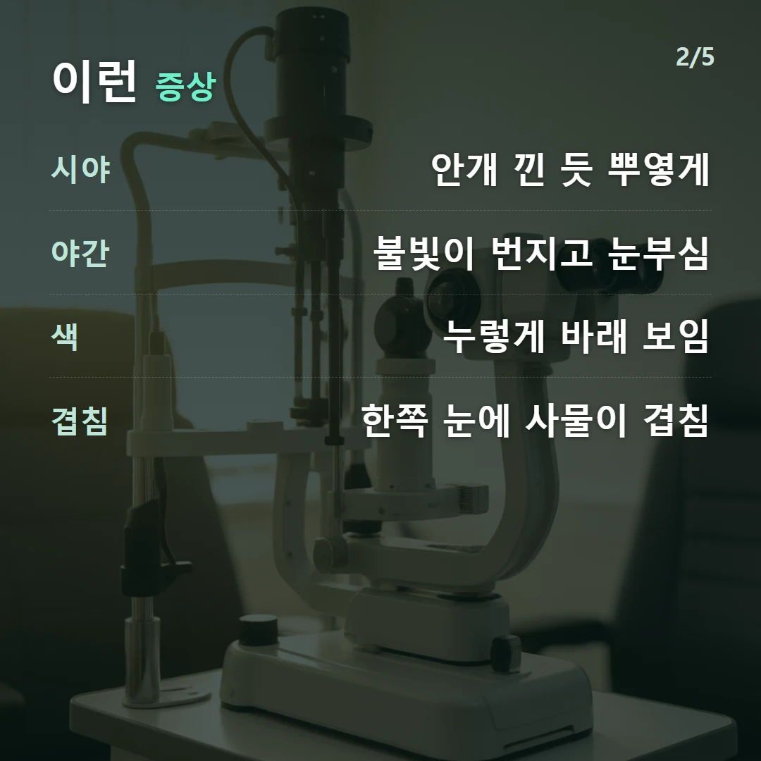 이런 증상 — 시야 안개 낀 듯 뿌옇게, 야간 불빛이 번지고 눈부심, 색 누렇게 바래 보임, 겹침 한쪽 눈에 사물이 겹침