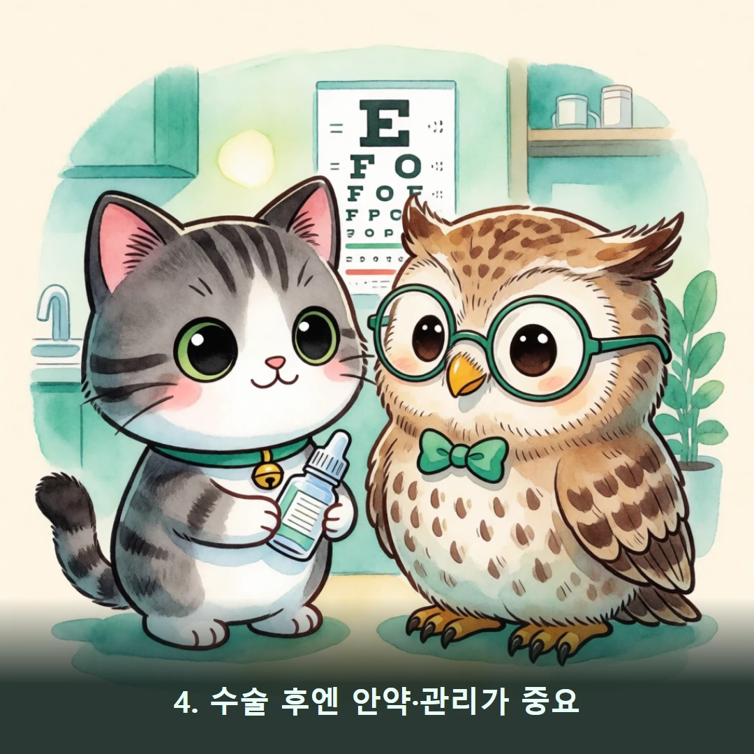 웹툰 4컷 — 4. 수술 후엔 안약·관리가 중요