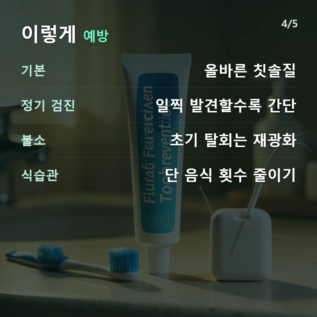 이렇게 예방 — 기본 올바른 칫솔질, 정기 검진 일찍 발견할수록 간단, 불소 초기 탈회는 재광화, 식습관 단 음식 횟수 줄이기