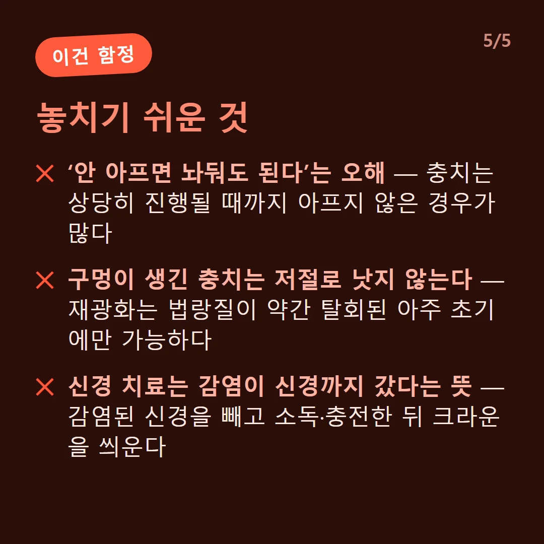 놓치기 쉬운 것 — ‘안 아프면 놔둬도 된다’는 오해 — 충치는 상당히 진행될 때까지 아프지 않은 경우가 많다 / 구멍이 생긴 충치는 저절로 낫지 않는다 — 재광화는 법랑질이 약간 탈회된 아주 초기에만 가능하다 / 신경 치료는 감염이 신경까지 갔다는 뜻 — 감염된 신경을 빼고 소독·충전한 뒤 크라운을 씌운다