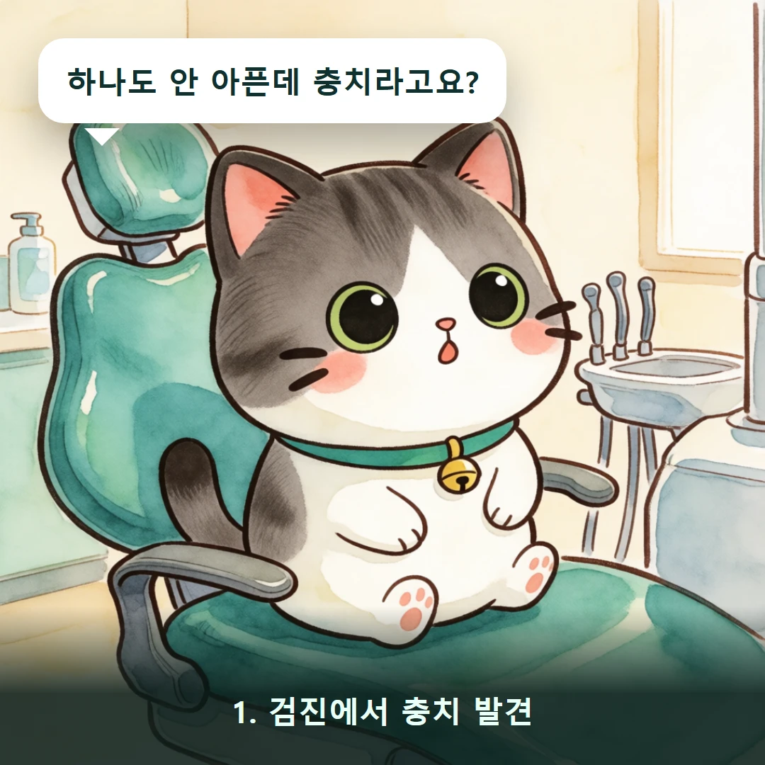 웹툰 1컷 — 1. 검진에서 충치 발견 (하나도 안 아픈데 충치라고요?)