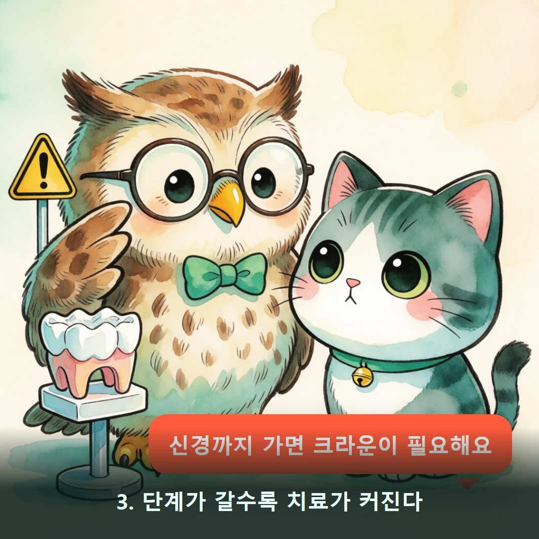 웹툰 3컷 — 3. 단계가 갈수록 치료가 커진다 (신경까지 가면 크라운이 필요해요)