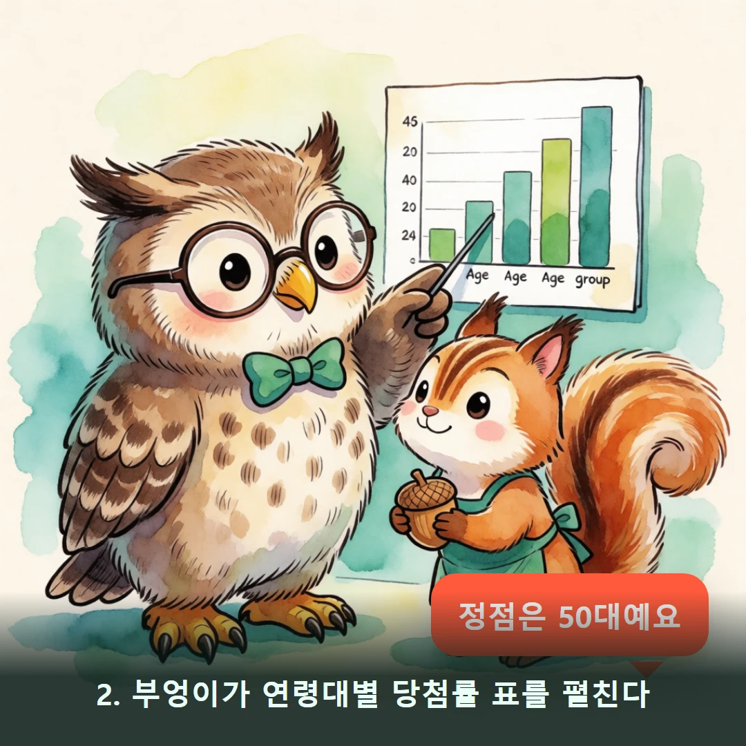 웹툰 2컷 — 2. 부엉이가 연령대별 당첨률 표를 펼친다 (정점은 50대예요)