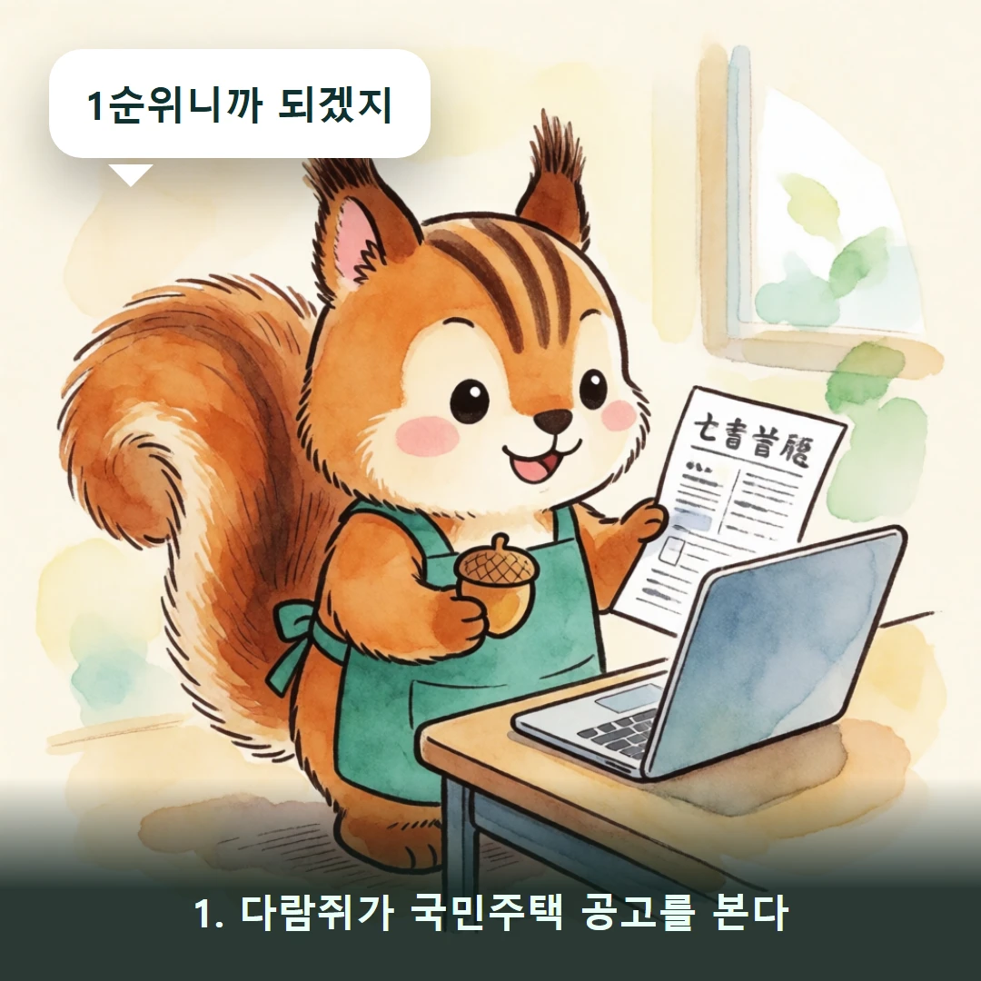 웹툰 1컷 — 1. 다람쥐가 국민주택 공고를 본다 (1순위니까 되겠지)