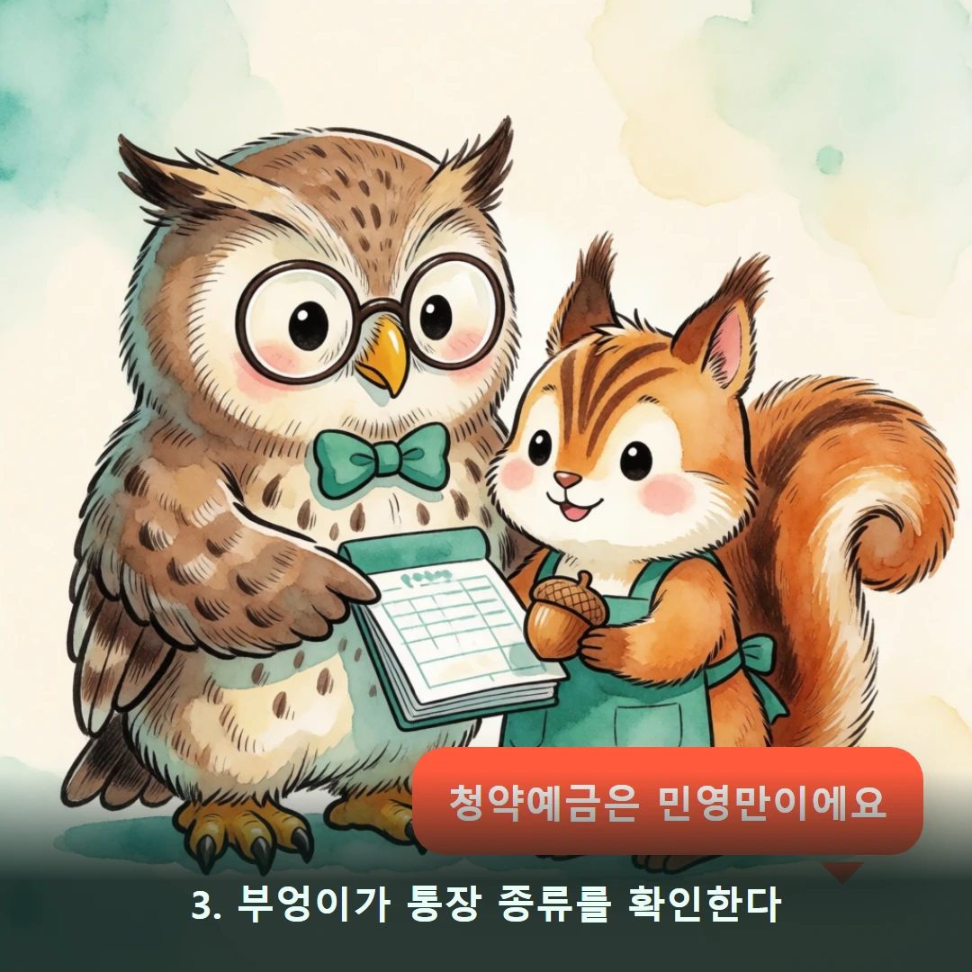 웹툰 3컷 — 3. 부엉이가 통장 종류를 확인한다 (청약예금은 민영만이에요)