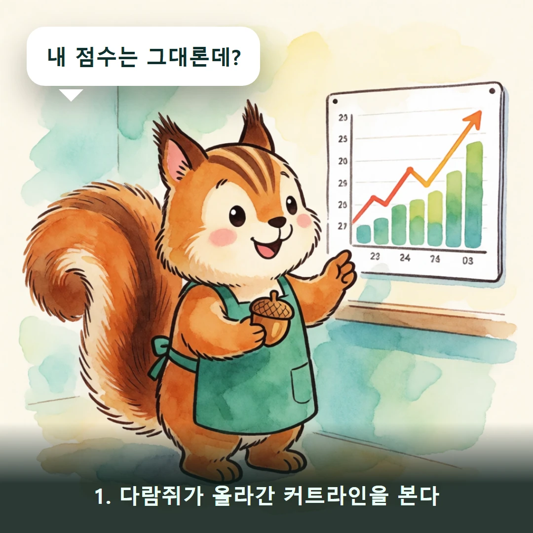 웹툰 1컷 — 1. 다람쥐가 올라간 커트라인을 본다 (내 점수는 그대론데?)