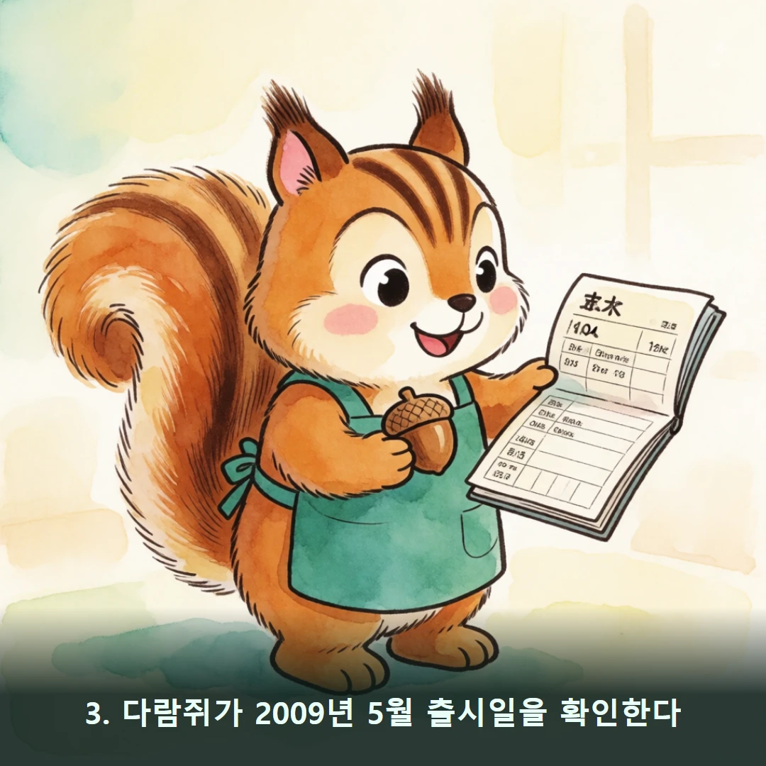웹툰 3컷 — 3. 다람쥐가 2009년 5월 출시일을 확인한다