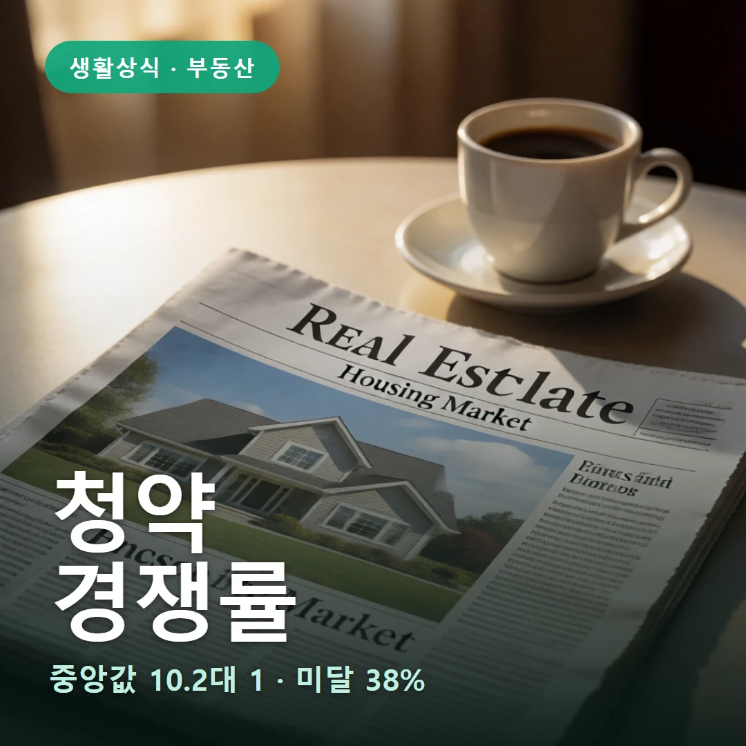 청약 요약 표지 — 중앙값 10.2대 1 · 미달 38%