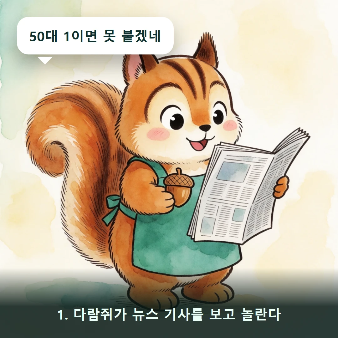 웹툰 1컷 — 1. 다람쥐가 뉴스 기사를 보고 놀란다 (50대 1이면 못 붙겠네)
