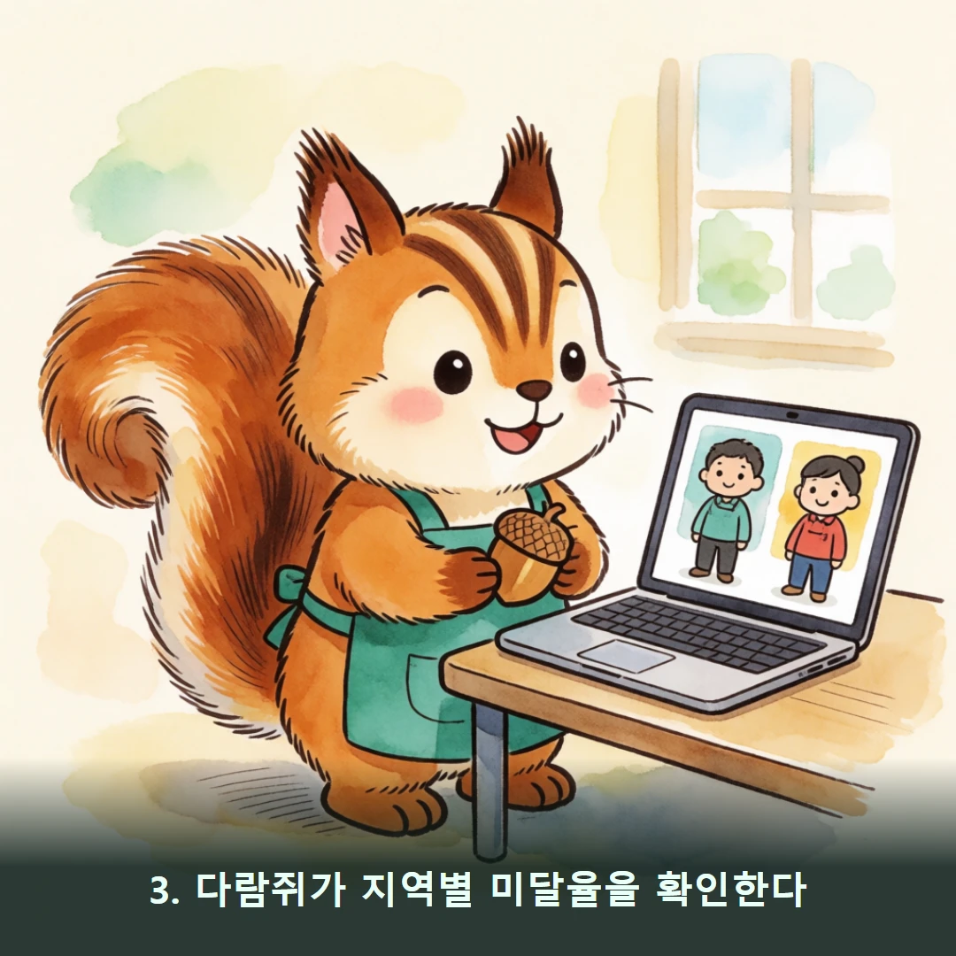 웹툰 3컷 — 3. 다람쥐가 지역별 미달율을 확인한다