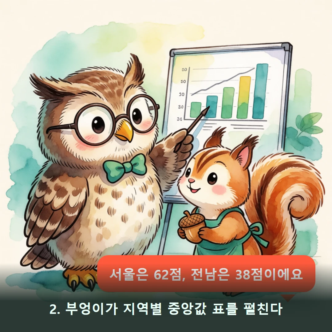 웹툰 2컷 — 2. 부엉이가 지역별 중앙값 표를 펼친다 (서울은 62점, 전남은 38점이에요)