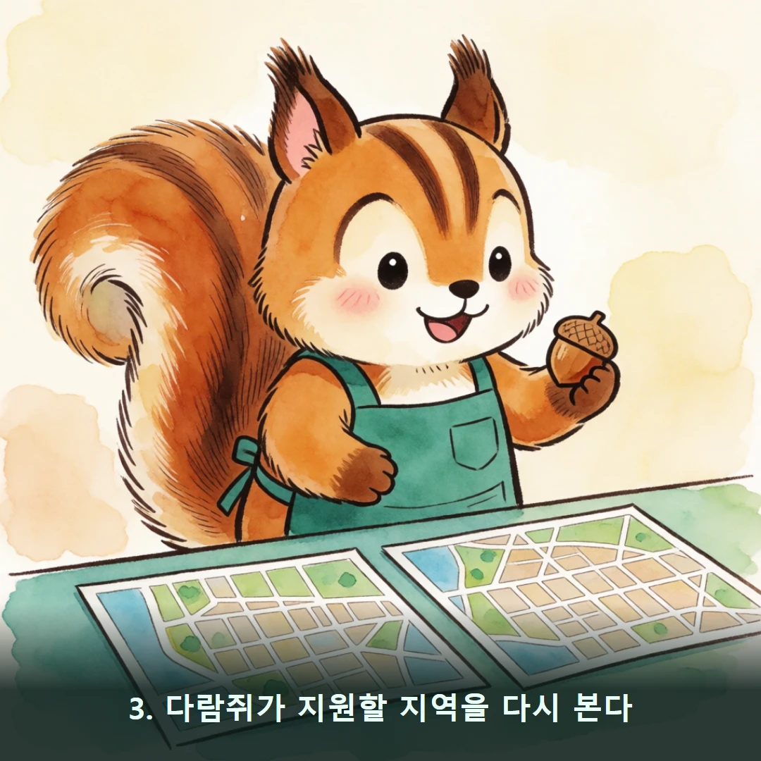 웹툰 3컷 — 3. 다람쥐가 지원할 지역을 다시 본다