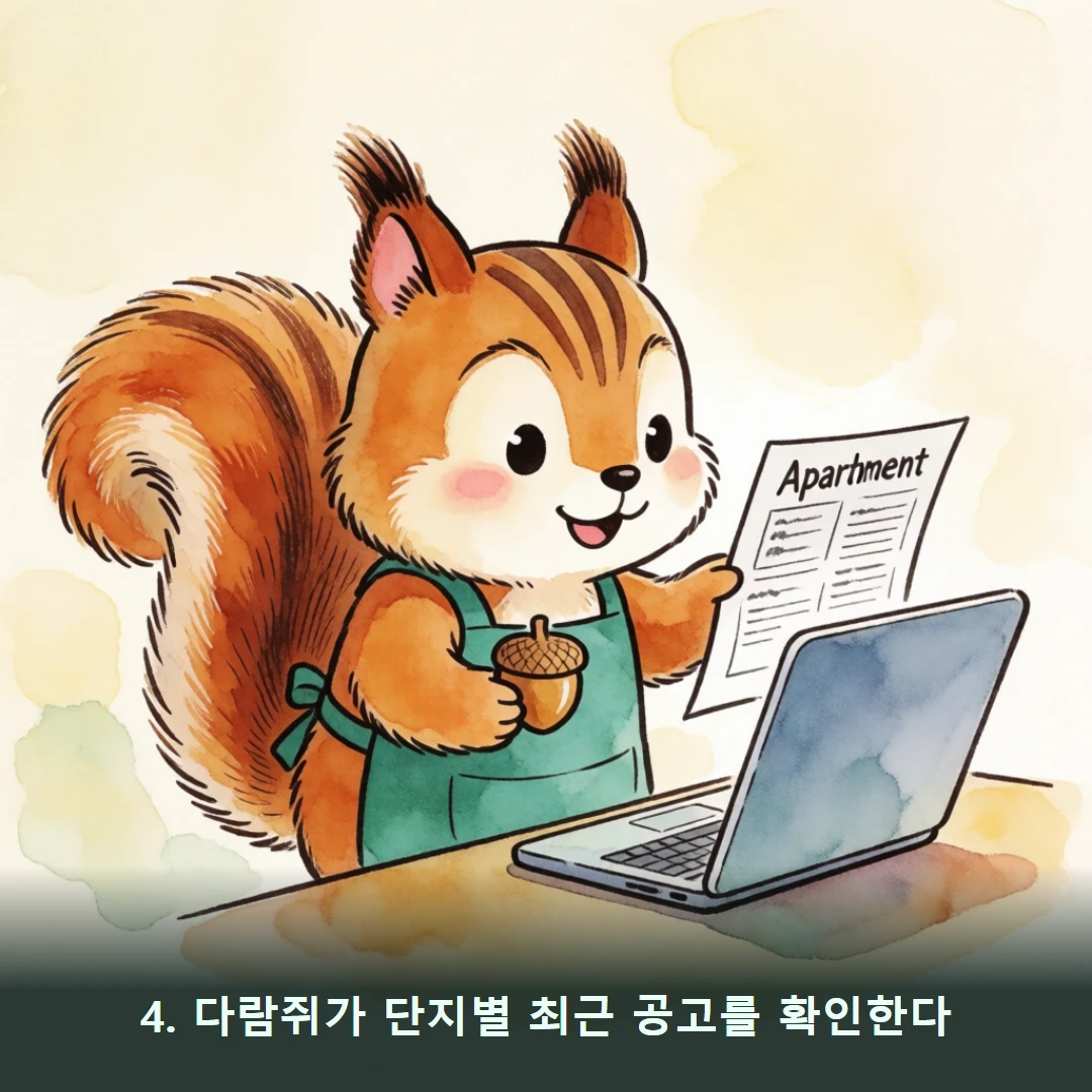웹툰 4컷 — 4. 다람쥐가 단지별 최근 공고를 확인한다