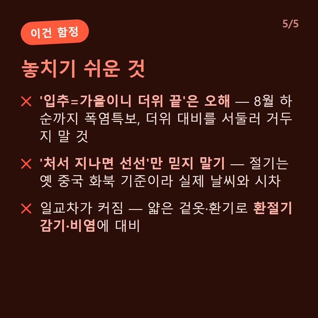 놓치기 쉬운 것 — '입추=가을이니 더위 끝'은 오해 — 8월 하순까지 폭염특보, 더위 대비를 서둘러 거두지 말 것 / '처서 지나면 선선'만 믿지 말기 — 절기는 옛 중국 화북 기준이라 실제 날씨와 시차 / 일교차가 커짐 — 얇은 겉옷·환기로 환절기 감기·비염에 대비