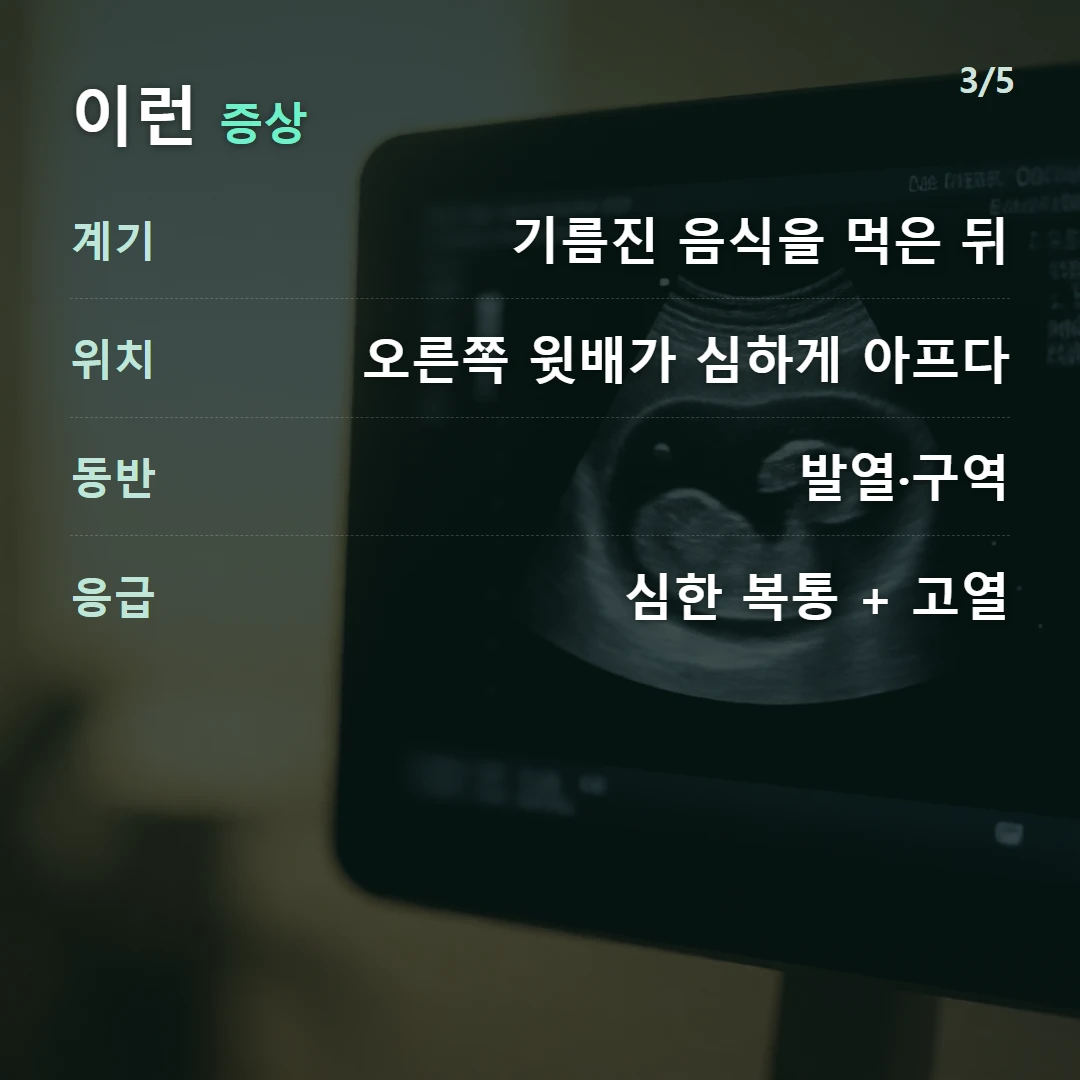 이런 증상 — 계기 기름진 음식을 먹은 뒤, 위치 오른쪽 윗배가 심하게 아프다, 동반 발열·구역, 응급 심한 복통 + 고열
